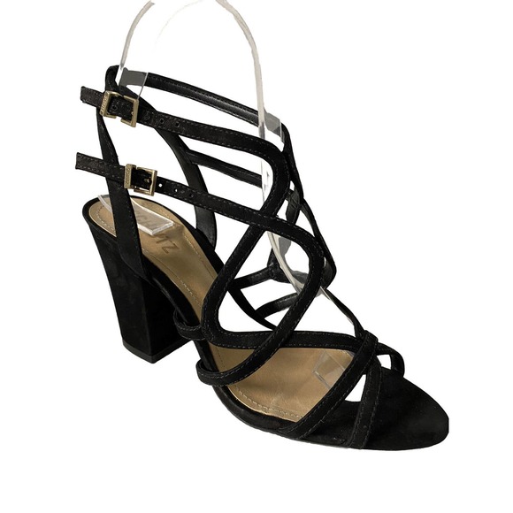 Schutz Sandal Caged Strappy Ankle Strap Nubuck Suede Black Open Toe Bloc… - Picture 1 of 8